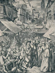 Eitelkeitsmesse. Aus Pilgerreise von John Bunyan, ca. 1850-1890