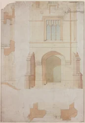 Aufriss, Schnitt und Plan des Haupteingangs von Holme Eden