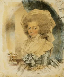 Porträt von Königin Charlotte, kleine halbe Länge, trägt ein blau-weißes Kleid, ihre Krone neben ihr, 1787