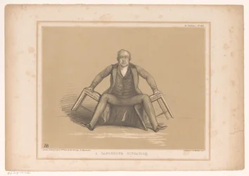 Karikatur mit Robert Peel, der zwischen zwei Stühlen fällt