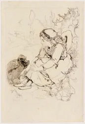 Sitzendes Mädchen und großer Vogel