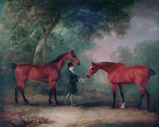 Jäger, die von einem Stallburschen in einer Waldlandschaft gefüttert werden