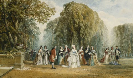 Die Einführung: Elegante Figuren in einem Garten, 1870