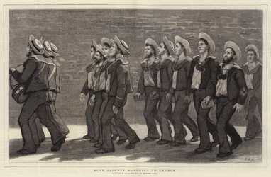 Blaue Jacken marschieren zur Kirche