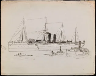 PAH1225; Dampfschiff in Küstennähe mit Schlepper daneben. Passagierschiff mit Schlepper und Raddampfer Tilbury in der Nähe