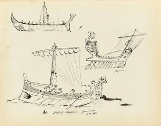 Skizzen früher Schiffe, darunter ein römisches Segel- und Ruderboot und das Schiff des Odysseus, 500 v. Chr. (von einer Vase), frühes 20. Jahrhundert