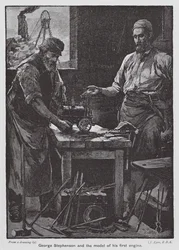 George Stephenson und das Modell seiner ersten Lokomotive