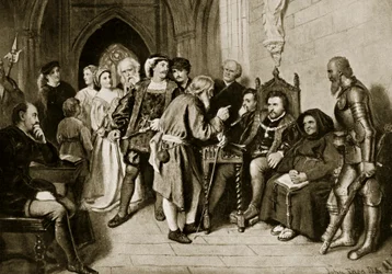 James IV. im Rat vor der Schlacht von Flodden, 1513, Illustration aus 