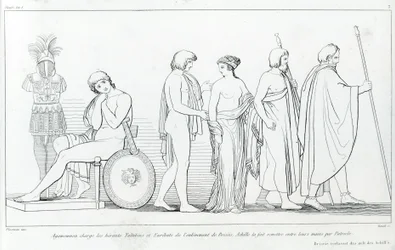 Agamemnon beauftragte die Herolde Taltibius und Euribat mit der Entführung von Briseis; Achilles ließ sie von Patroklos übergeben. Zeichnung von John Flaxman (1755 - 1826). Homers Ilias. Gesang I