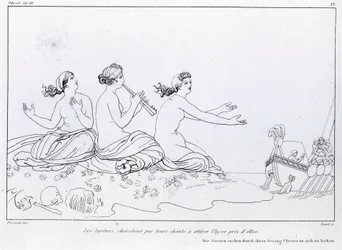 Sirenen versuchen mit ihrem Gesang, Odysseus anzulocken. Zeichnung von John Flaxman (1755 - 1826). Homers Odyssee. Lied XII.