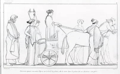 Nausikaa, die gerade Odysseus getroffen hat, bringt ihn zurück zum Palast ihres Vaters, König Alkinoos. Zeichnung von John Flaxman (1755 - 1826). Homers Odyssee. Gesang VI.