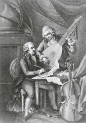 Porträt von Franz Joseph Haydn und Wolfgang Amadeus Mozart, Musik für die Laute komponierend, graviert von Michele Benedetti