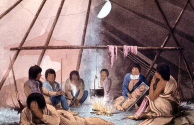 Innenansicht eines Cree-Indianerzeltes, 1823