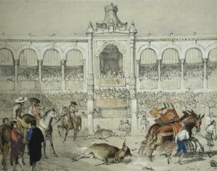 Stierkampf in Sevilla: Entfernen des toten Stiers aus der Arena, aus 