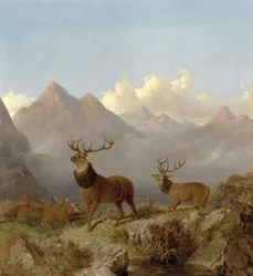 Detail von Hirschen und Hirschkühen in einer Hochlandlandschaft, 1864