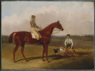 Barefoot, das Rennpferd, mit einem Jockey und einem Stallburschen, 1835