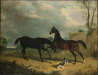 Jäger und ein Spaniel in einer bewaldeten Landschaft, 1835