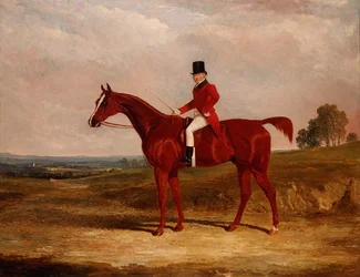 Sir Hugh Hamilton Mortimer, Meister der Old Surrey Foxhounds, auf einem kastanienbraunen Jäger in einer ausgedehnten Landschaft