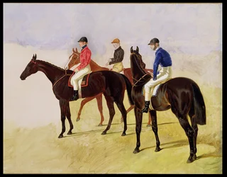 Studie von drei Hindernisrennen: Allen McDonough auf Brunette, Tom Oliver auf Discount und Jem Mason auf Lottery, oder drei Rennpferde mit Jockeys