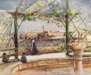 Die Geburtskirche in Bethlehem, von einem Garten auf dem gegenüberliegenden Hügel