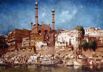 Eine Ansicht der Ghats mit der Moschee von Aurangzeb, Benares