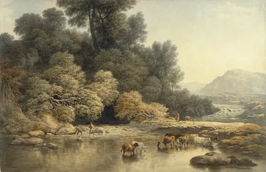 Hügelige Landschaft mit Fluss und Vieh, ca. 1810