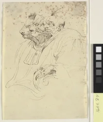 Karikatur von vier bestialischen Köpfen im Profil