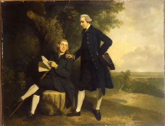 Doppelporträt von Thomas Somers Cocks und Richard Cocks aus Castleditch, beide als kleine Ganzfiguren, Ersterer in blauem Rock und blauer Weste, einen schwarzen Dreispitz haltend, Letzterer sitzend in blauem Rock und blauer Weste, ein Manuskript haltend