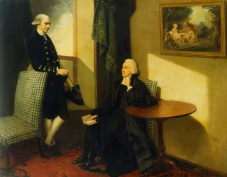 Doppelporträt des Reverend John Cocks und James Cocks, beide in voller Länge, der erste in geistlicher Kleidung auf einem blau-weiß gepolsterten Stuhl sitzend, der zweite in einem blauen Mantel und Weste, an einen ähnlichen Stuhl gelehnt, im Innenraum