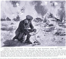 Korporal William Scothern RGA repariert ein Feldtelefon unter schwerem Beschuss, ausgezeichnet mit DCM Ypern Mai 1915