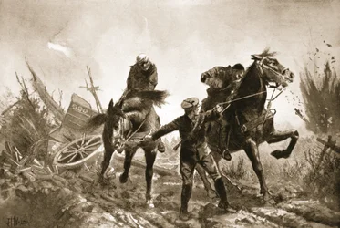 Fahrer Brown kehrt mit Verwundeten zu Pferd von der Feuerlinie zurück