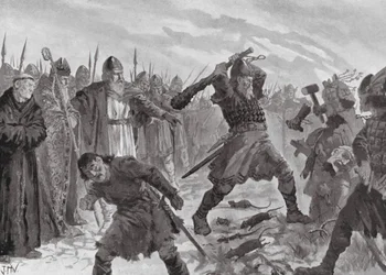 König Olav der Heilige zerbricht das Bild des Gottes Mor