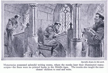 Klöster hatten prächtige Schreibzimmer, in denen Mönche illuminierte Manuskripte aufbewahrten, ca. 1950