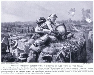 Private Hamilton baut einen Unterstand im vollen Blick der Türken an den Lone Pine Gräben auf der Gallipoli-Halbinsel, August 1915