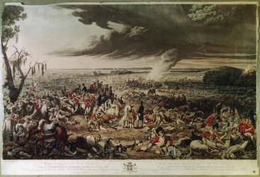 Das Feld von Waterloo am Morgen nach der denkwürdigen Schlacht am 18. Juni 1815, graviert von M. Dubourg