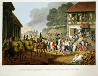 Französische Truppen ziehen sich durch und plündern ein Dorf, graviert von Matthew Dubourg aus 