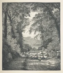 Tafel 4. Schafe, die von einem Schäfer entlang eines Pfades getrieben werden. Naturbilder. Eine Serie von dreißig Originalillustrationen, auf Holz gezeichnet von J. H. Dell und graviert von R. Paterson