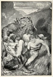 Der Dämon des Bösen, mit seinem wilden Rachen, gierig nach ihnen greifend, aus 