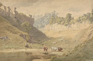 Rinder an einer Wasserstelle in einem Tal, 1830-86