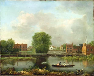 Eine Flusslandschaft, möglicherweise ein Blick vom Westende der Rochester-Brücke, 1800-10