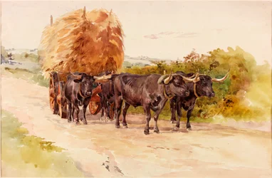 Landschaft mit Ochsen, die einen Heuwagen ziehen