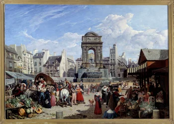 Der Markt und der Fontaine des Innocents in Paris. Gemälde von John James Chalon (1778-1854) 1822. Paris, Musée Carnavalet