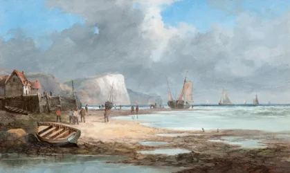 Meereslandschaft mit Fischerbooten und einem Haus