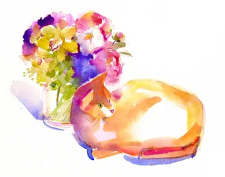 Orangene Katze mit Blumen