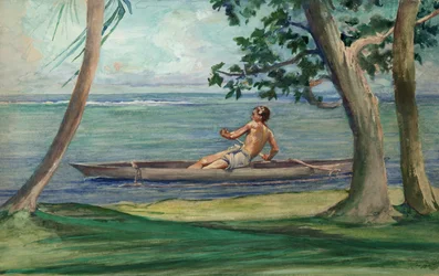 Junge im Kanu vor unserem Haus, Vaiala, Samoa