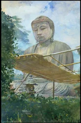Die große Statue des Amida Buddha in Kamakura, bekannt als Daibutsu, aus dem Garten des Priesters