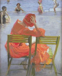 Mädchen im roten Kleid liest am Schwimmbecken