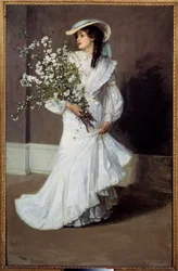 Frühling. Allegorie des Frühlings: Porträt einer Frau in Weiß mit einem Blumenstrauß