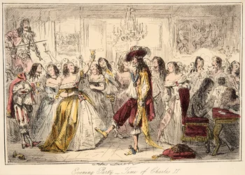 Abendgesellschaft - Zeit von Charles dem Zweiten, aus The Comic History of England, veröffentlicht 1864 (handkolorierte Radierung)