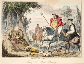 Heinrich VIII. auf Mönchsjagd, aus The Comic History of England, veröffentlicht 1864 (handkolorierte Radierung)
